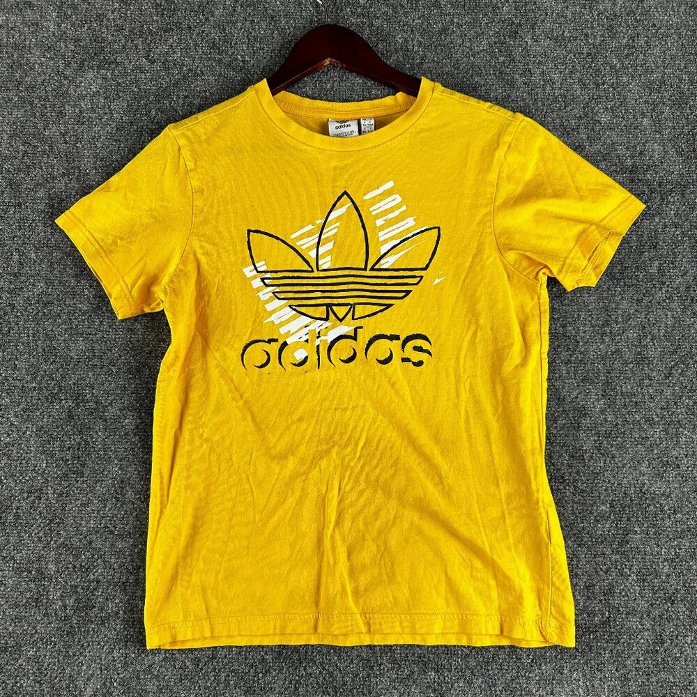 Adidas Tee Shirt Boys Large Yellow Cotton Short Sleeve Logo Crew Neck
